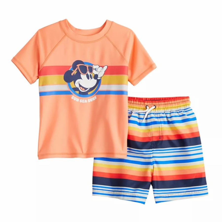 Boy Clothing * | Disney'S Mickey Mouse Toddler Boy Rash Guard Top & Striped Swim Trunks Set By Jumping Beans