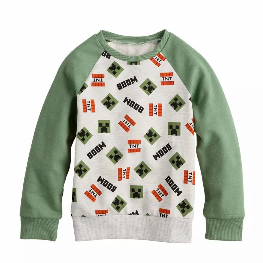 Boy Clothing * | Boys 4-12 Jumping Beans Minecraft Raglan Sleeve Allover Creeper Print Sweatshirt