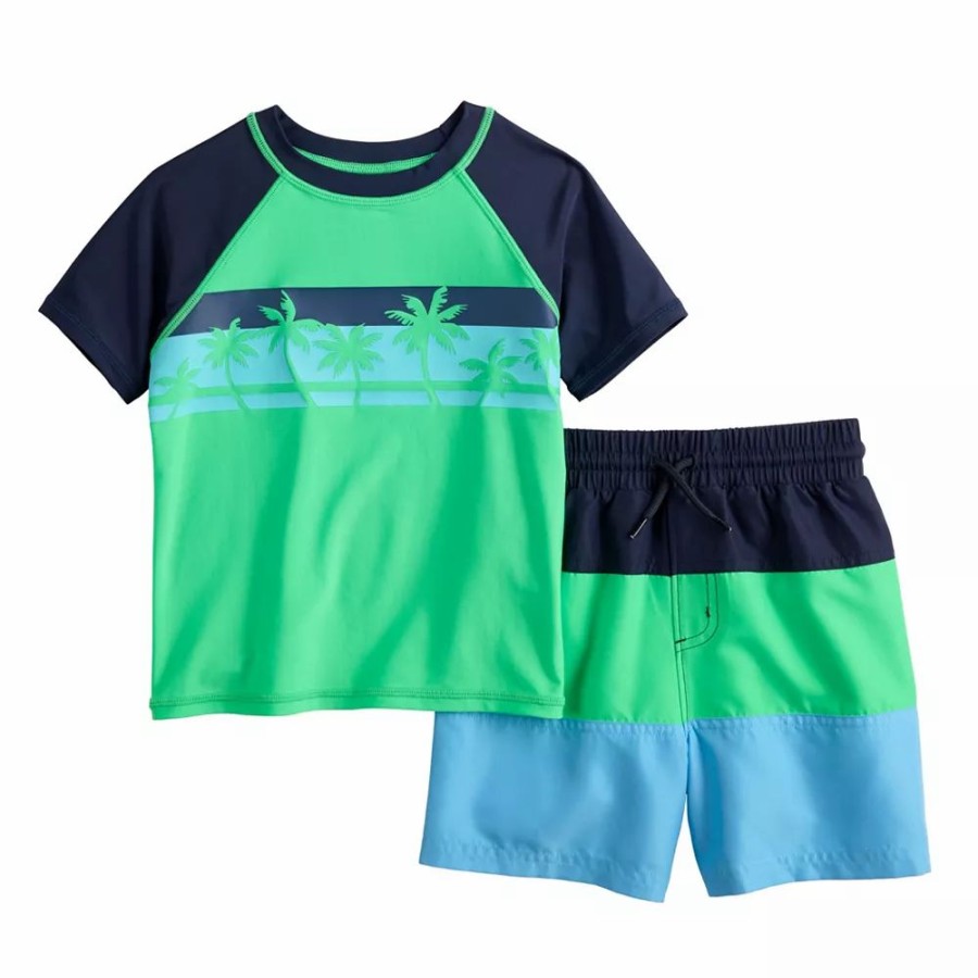 Boy Clothing * | Toddler Boy Jumping Beans Graphic Rash Guard & Printed Swim Trunks Swim Set